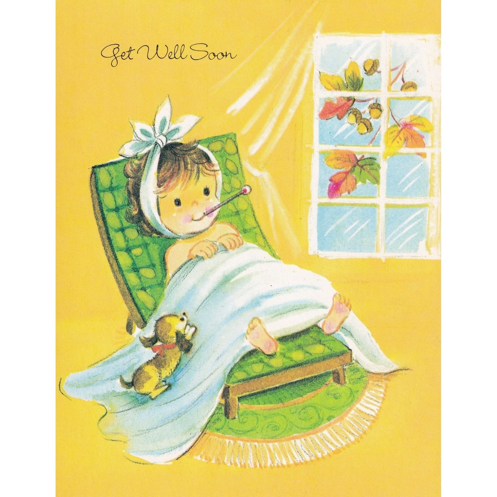 1981 Autumn Joy Get Well Card Child Puppy Vintage Whimsical Nostalgic